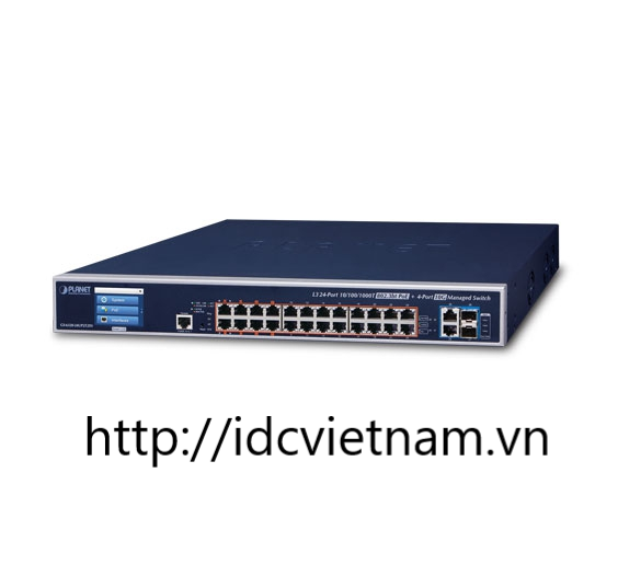 L3 24-Port 10/100/1000T 802.3bt PoE + 2-Port 10GBASE-T + 2-Port 10G SFP+ Managed Switch with LCD